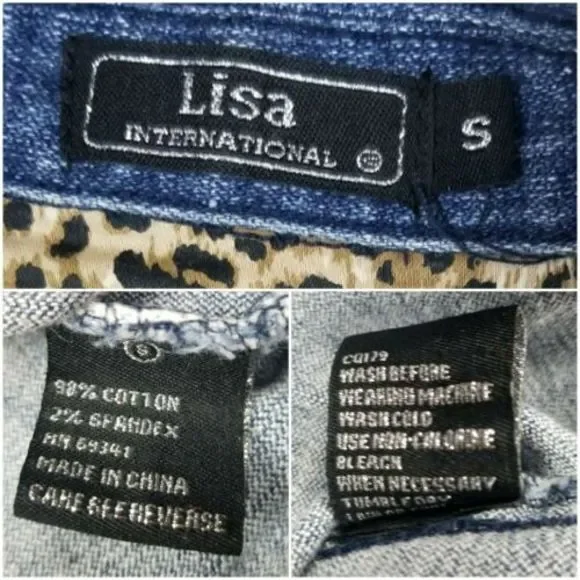 Lisa International Womens Small Denim Stretch Jacket Blue Jean Leopard Flip Cuff - Picture 4 of 12